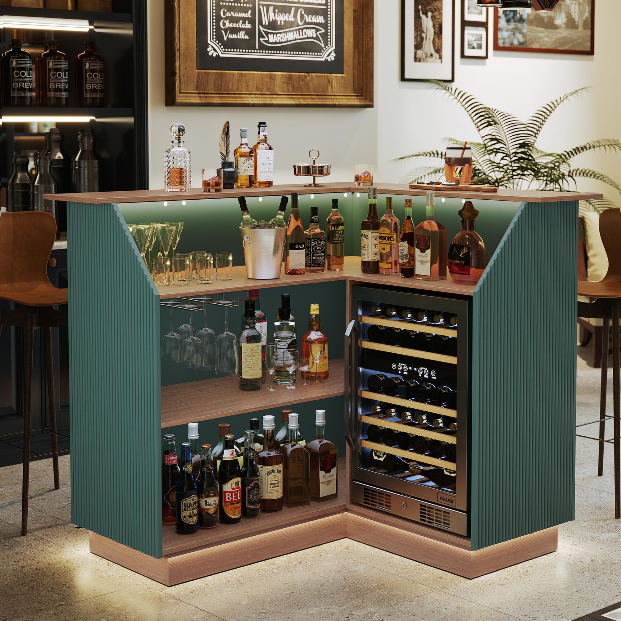 Green Fluted L-Shape Corner Ba - Home Bar And Fridge ulasan dan harga